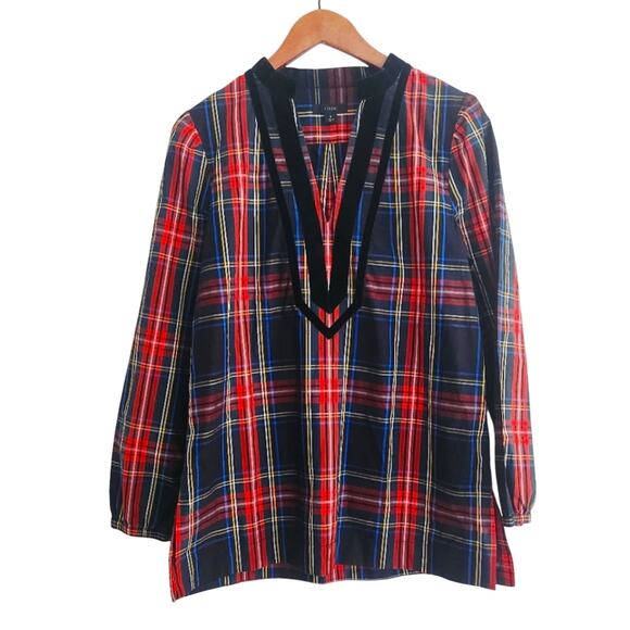 S J Crew Tartan Plaid Top Woth Velvet Trim - Picture 1 of 6